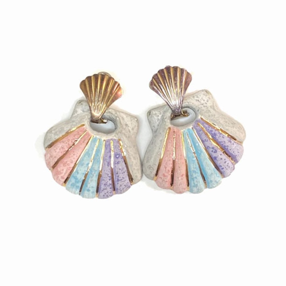 Colorful Pastel w/Gold Sea Shell Shaped Earrings
